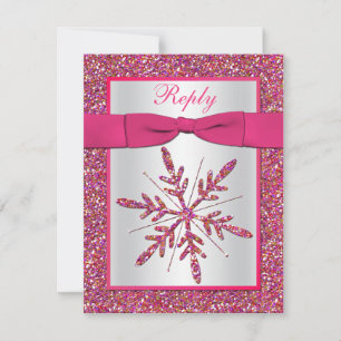 Pink, Silver Glitter Snowflake RSVP Card
