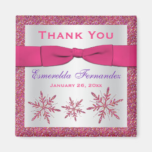 Pink, Silver Glitter Snowflakes Party Favor Magnet