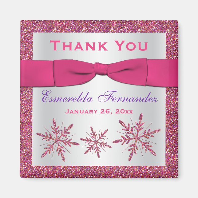 Pink, Silver Glitter Snowflakes Party Favor Magnet (Front)