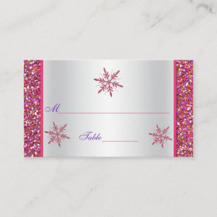 Pink, Silver Glitter Snowflakes Placecard