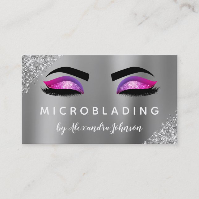 Pink Silver Glitter Sparkle Eyelashes Microblading Business Card (Front)