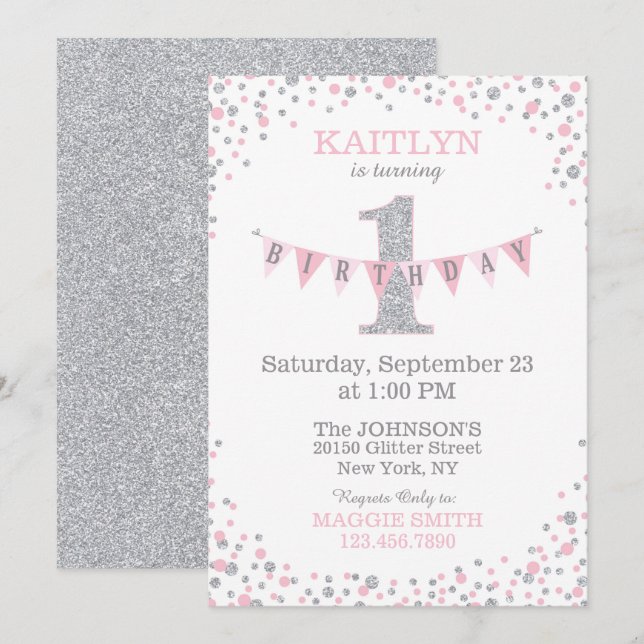 Pink Silver Glitter Sparkle First Birthday Invite (Front/Back)