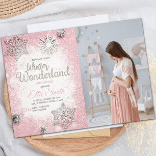 Pink Silver Glitter Winter Baby Shower Invitations