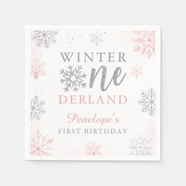 Pink Silver Glitter Winter Onederland 1st Birthday Napkin (Front)