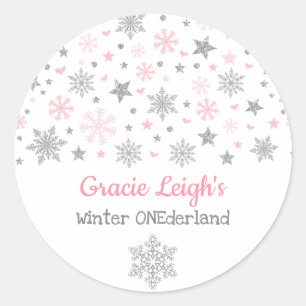Pink Silver Glitter Winter Snowflake ONEderland Classic Round Sticker
