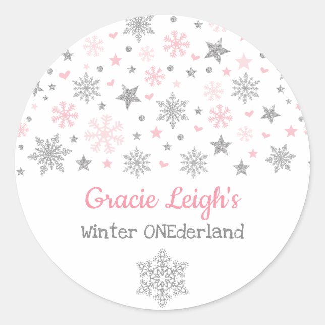 Pink Silver Glitter Winter Snowflake ONEderland Classic Round Sticker (Front)