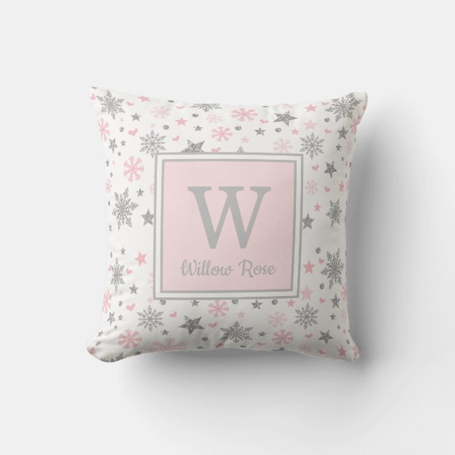 Pink Silver Glitter Winter Snowflakes Holiday Gift Cushion (Front)