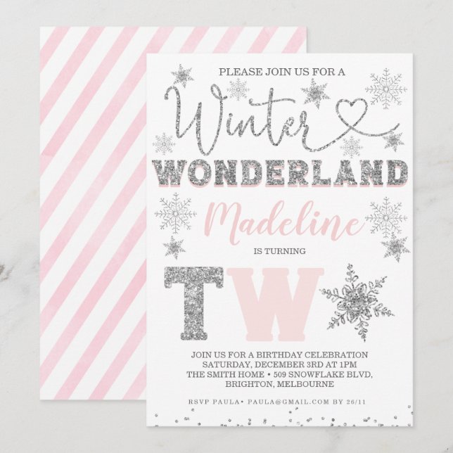 Pink Silver Glitter Winter Wonderland 2nd Birthday Invitation (Front/Back)