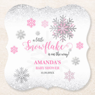 Pink Silver Glittery Snowflake Winter Baby Shower Paper Coaster