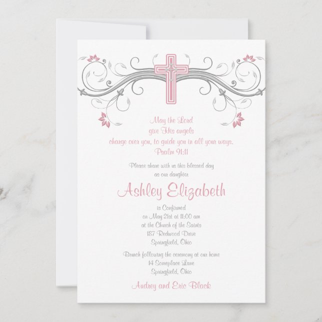 Pink Silver Grey Cross Confirmation Invitation (Front)