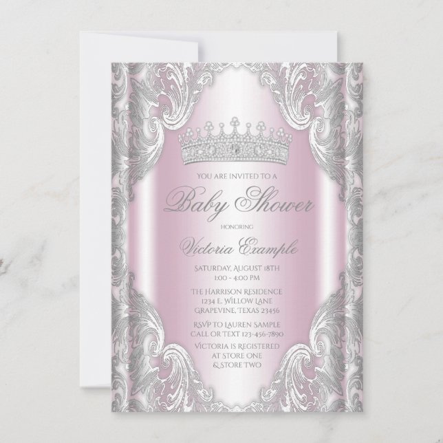 Pink Silver Grey Fancy Princess Baby Shower Invitation (Front)
