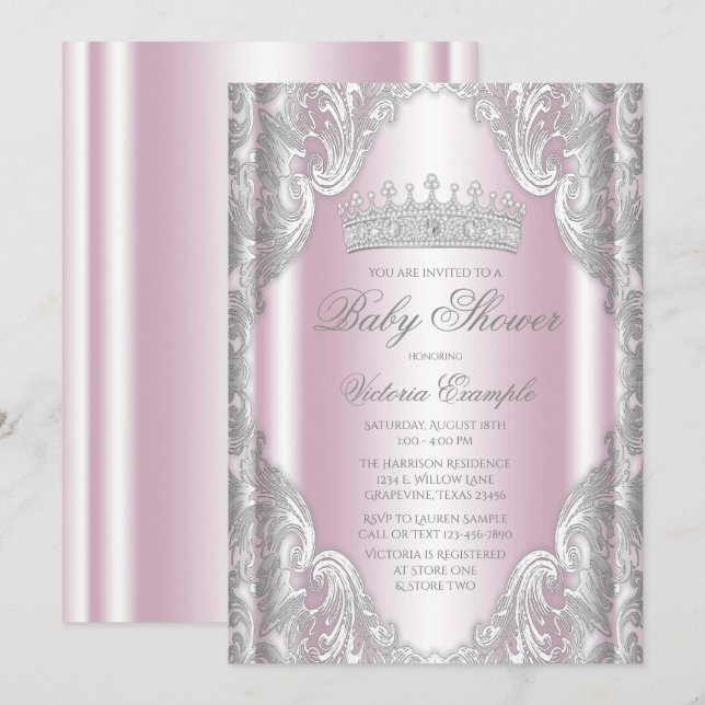 Pink Silver Grey Fancy Princess Baby Shower Invitation (Front/Back)