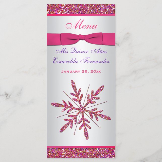 Pink, Silver Grey FAUX Glitter Snowflakes Menu (Front)