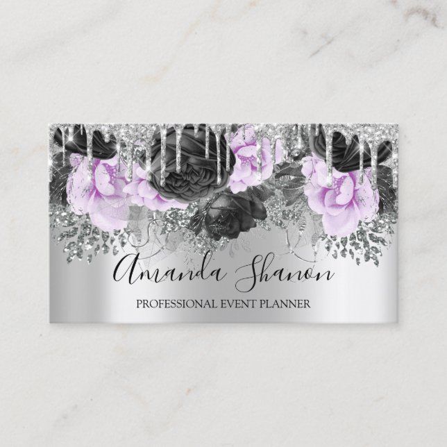 Pink Silver Grey Glitter Drip Logo Event Planner Business Card (Front)