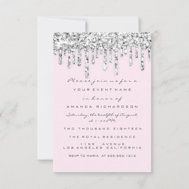 Pink Silver Grey Glitter Effect Drips Bridal  Invitation (Front)