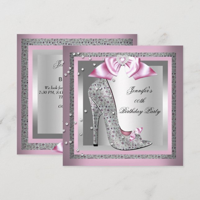 Pink Silver Grey High Heel Shoe Birthday Party Invitation (Front/Back)