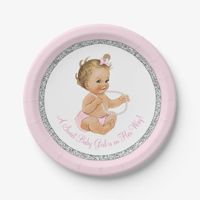 Pink Silver Grey Pearl Girl Baby Shower Paper Plate (Front)