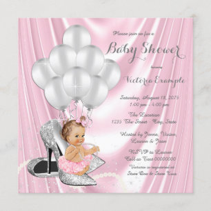 Pink Silver Grey Pearl High Heel Baby Shower Invitation