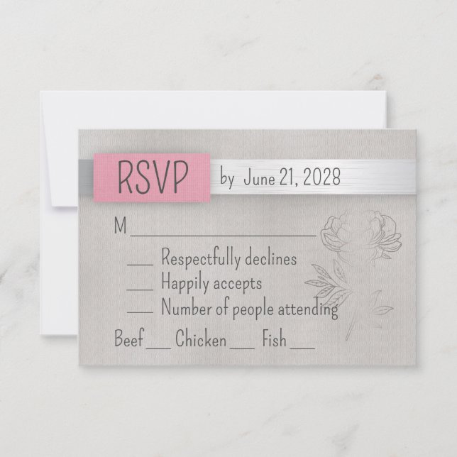 Pink, Silver & Grey Wedding RSVP Card (Front)