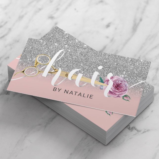 Pink Silver Hair Stylist Scissor Flower Typography Business Card (Creator Uploaded)