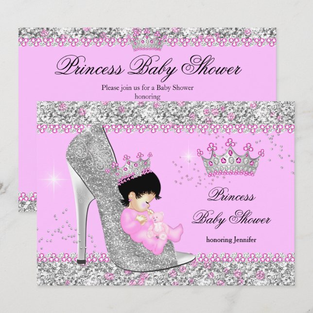 Pink Silver High Heel Princess Baby Shower Tiara Invitation (Front/Back)