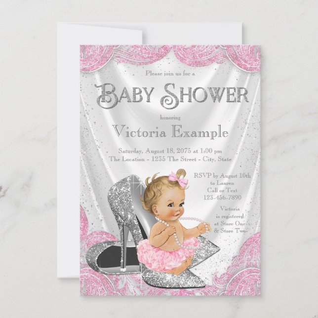 Pink Silver High Heel Shoe Baby Shower Invitations (Front)