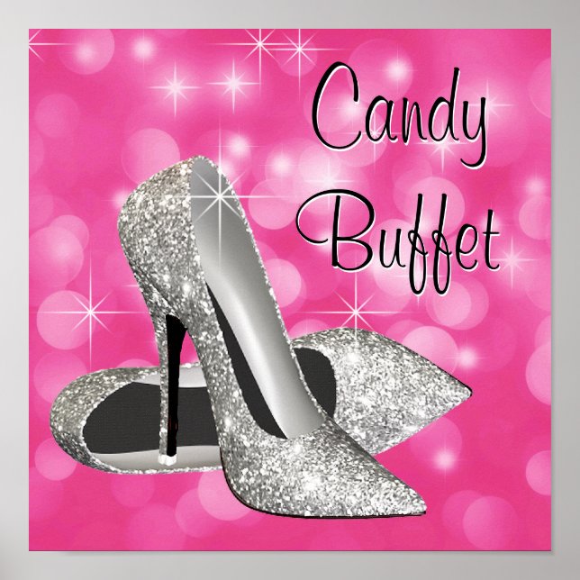 Pink Silver High Heel Shoe Candy Buffet Sign (Front)