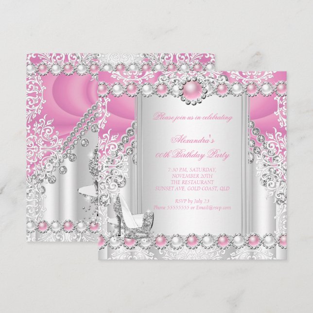 Pink Silver High Heels Pearl Birthday Party 3 Invitation (Front/Back)