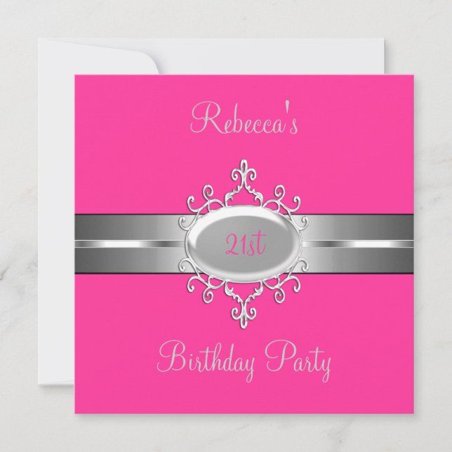Pink Silver Jewel 21st Elegant Birthday Party Invitation (Front)