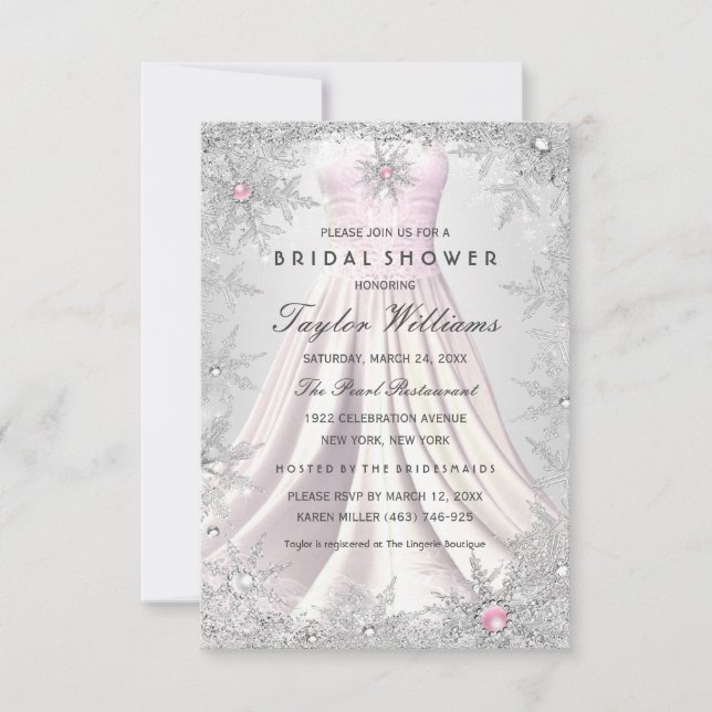 Pink Silver Jewel Snowflake Bridal Shower Dress RSVP Card (Front)