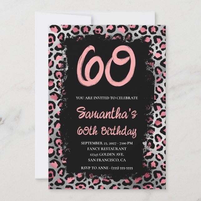 Pink Silver Leopard Painted Black 60th Birthday Invitation (Front)