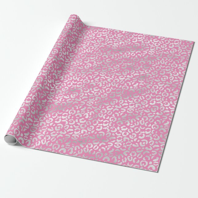 Pink Silver Leopard Print Wrapping Paper (Unrolled)