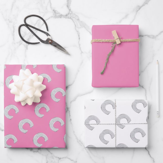 Pink Silver Letter C Wrapping Paper Sheet (Front)