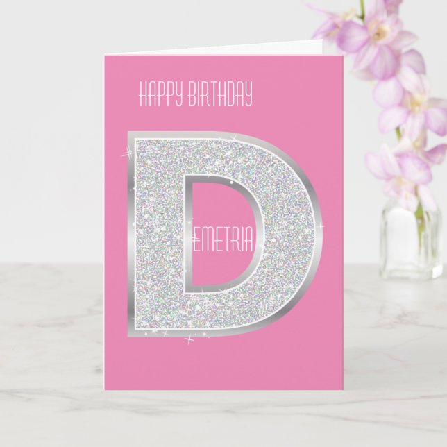 Pink Silver Letter D Card (Orchid)