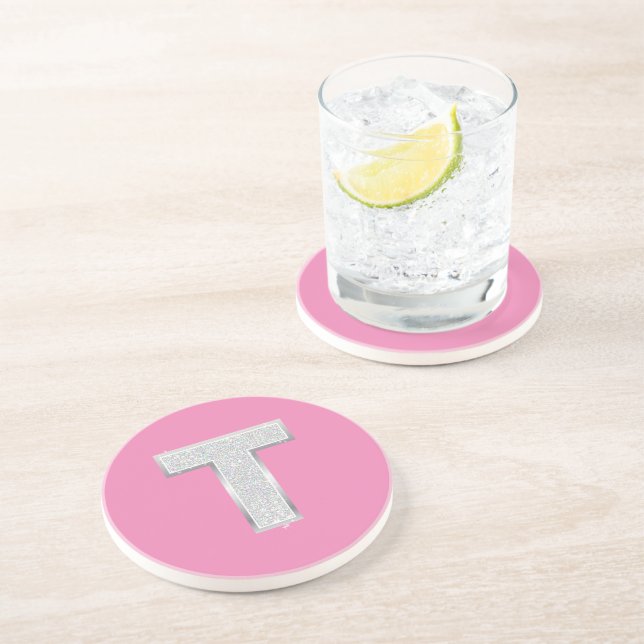 Pink Silver Letter T Coaster (Side)