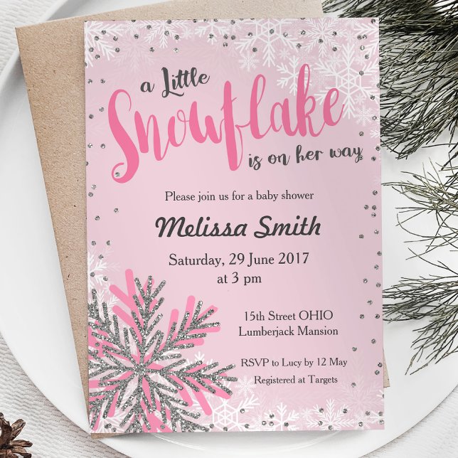 Pink Silver little snowflake baby shower Card (Creator Uploaded)