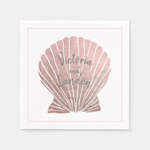 Pink Silver Metallic Seashell Name Beach Wedding  Napkin