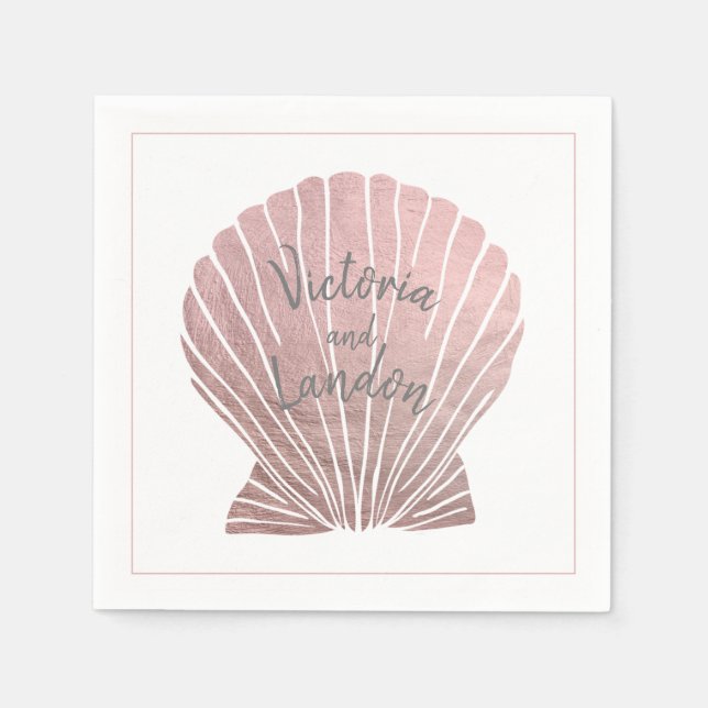 Pink Silver Metallic Seashell Name Beach Wedding  Napkin (Front)