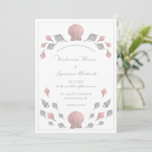 Pink Silver Metallic Seashells Beach Wedding Invitation