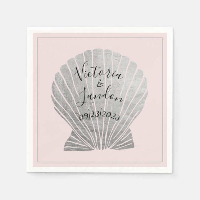 Pink Silver Metallic Seashells Name Beach Wedding Napkin (Front)