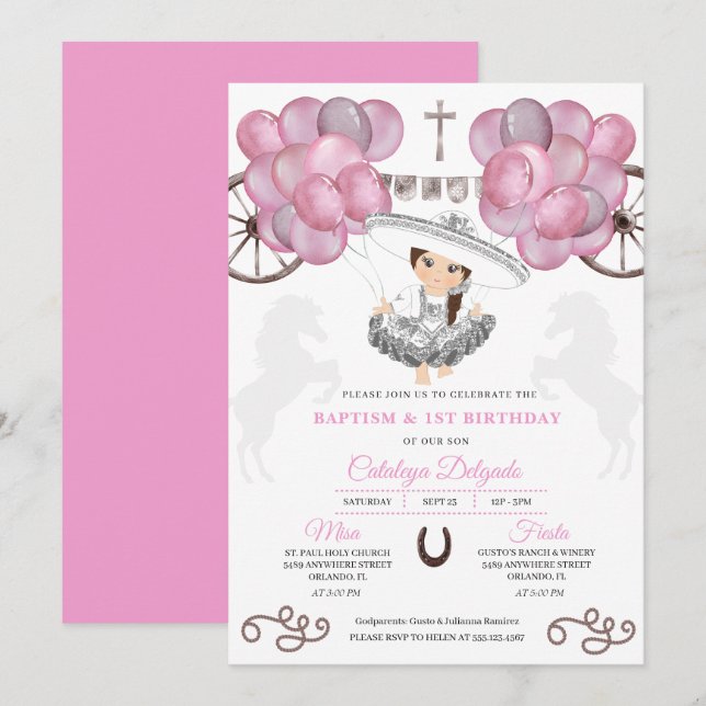 Pink Silver Mexican Baby Charra Balloons Baptism Invitation (Front/Back)