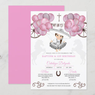 Pink Silver Mexican Baby Charra Balloons Baptism Invitation