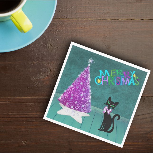 Pink Silver Mid Century Chistmas Tree Cat Teal Napkin (Pink Silver Tree black cat with bow Teal room on Merry Christmas paper napkins.)