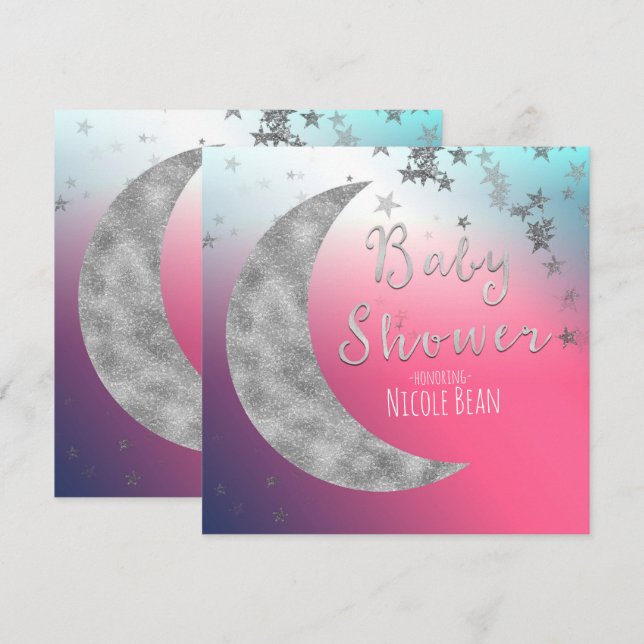 Pink Silver Moon & Stars Baby Shower Invitations (Front/Back)
