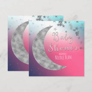 Pink Silver Moon & Stars Baby Shower Invitations