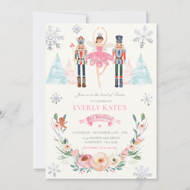 Pink & Silver Nutcracker Birthday Sugar Plum Fairy Invitation (Front)