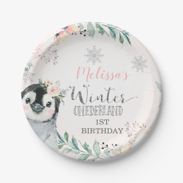 Pink Silver Penguin Winter Onederland Birthday Paper Plate (Front)