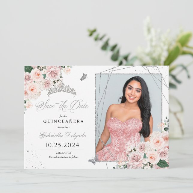 Pink & Silver Photo Card Quinceañera Save The Date (Standing Front)
