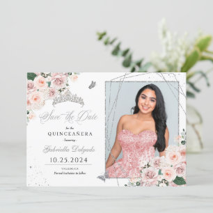 Pink & Silver Photo Card Quinceañera Save The Date
