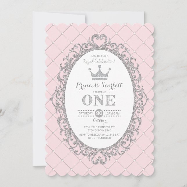 Pink Silver Princess 1st Birthday Party Crown Invitation (Front)